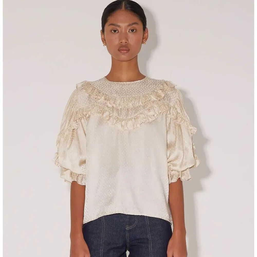 Magali Pascal Size S Puff Sleeve Tiffin Top Ivory Ruffle Coquette Feminine NWT